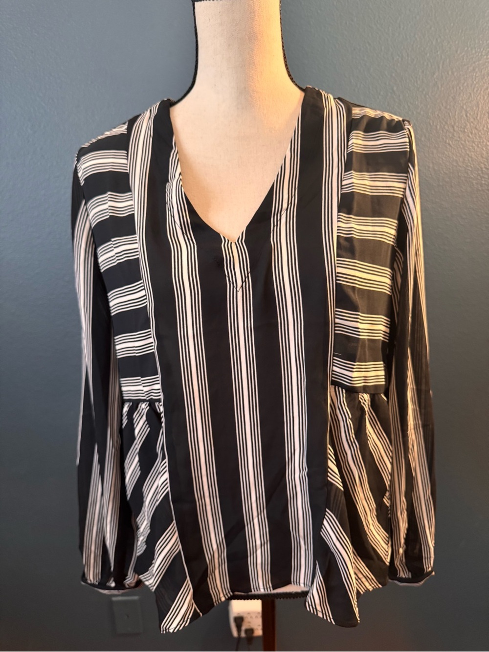 Black and White Striped V-Neck Peplum Blouse